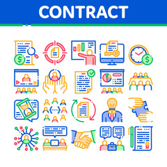 Poster - Contract Collection Elements Icons Set Vector Thin Line. Human Silhouette And Hands, Handshake And Agreement Contract Document With Pen Concept Linear Pictograms. Color Contour Illustrations