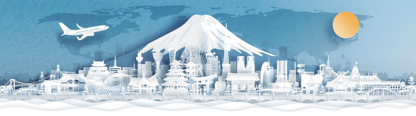 Wall Mural - Panorama postcard and travel poster of world famous landmarks of Japan with Fuji mountain in paper cut style vector illustration