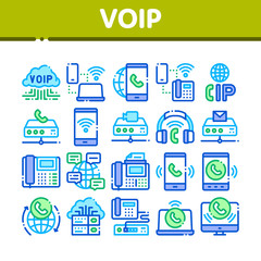 Sticker - Voip Calling System Collection Icons Set Vector Thin Line. Server For Voice Ip And Cloud, Smartphone And Phone, Wifi Mark And Headphones Concept Linear Pictograms. Color Contour Illustrations