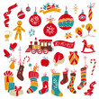 Christmas Baubles, Socks, Toys and Symbols Vector Drawing Set 