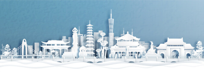 Fototapete - Panorama view of Guangzhou skyline with world famous landmarks of China in paper cut style vector illustration.