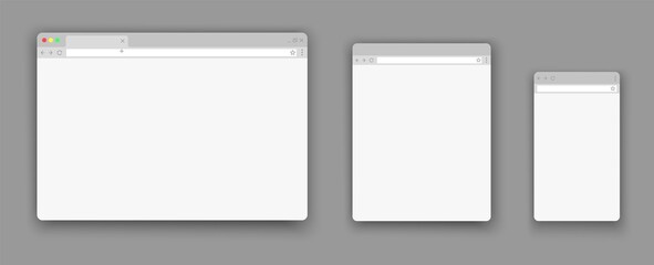 Blank web browser windows for different devices. Website flat template. Empty computer laptop tablet phone monitor. Web site different window.