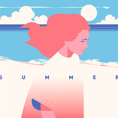 Wall Mural - Summer Holiday and Summer Camp poster. Sea sunset, girl walking on beach.