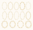Set of golden oval wreaths. Gold foil floral motif. Ellipse frames for wedding design.