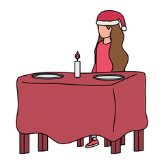 Poster - young woman with christmas hat seated in dinner table