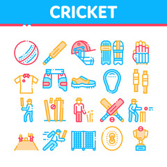 Canvas Print - Cricket Game Collection Elements Icons Set Vector Thin Line. Cricket Ball And Bat, T-shirt And Spike Sneakers, Gaming Equipment And Cup Concept Linear Pictograms. Color Contour Illustrations