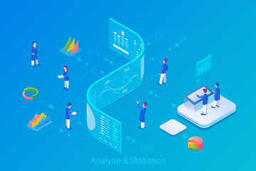 Wall Mural - analyse statistics big data charts diagrams isometric flat vector illustration. people working with 