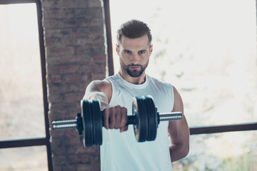 Photo of handsome hot beard guy morning training biceps muscles lift heavy dumbbell tempting eyes look sportswear tank-top training house studio big windows indoors