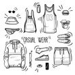 Hand drawn set of men's casual wear sketches: sport tank top, shorts, anorak jacket, shoes, socks, panama hat, backpack, watches, headphones and street food. Vector isolated outline