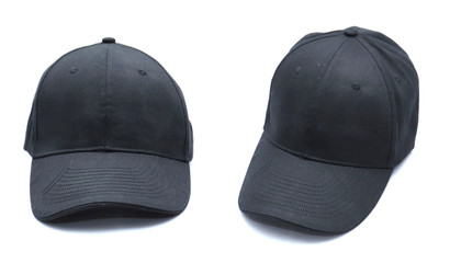 Baseball cap black with shadow templates, front views isolated on white background. Mock up. Front and side view