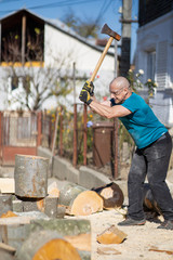 Wall Mural - Lumberjack splitting beech wood logs for firewood