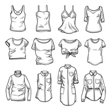 Sketches Collection Of Women's Tops: T-shirts, Blouses, Singlets And Shirts. Hand Drawn Vector Illustration. Spring Summer Season. Black Outline Drawing Isolated On White Background