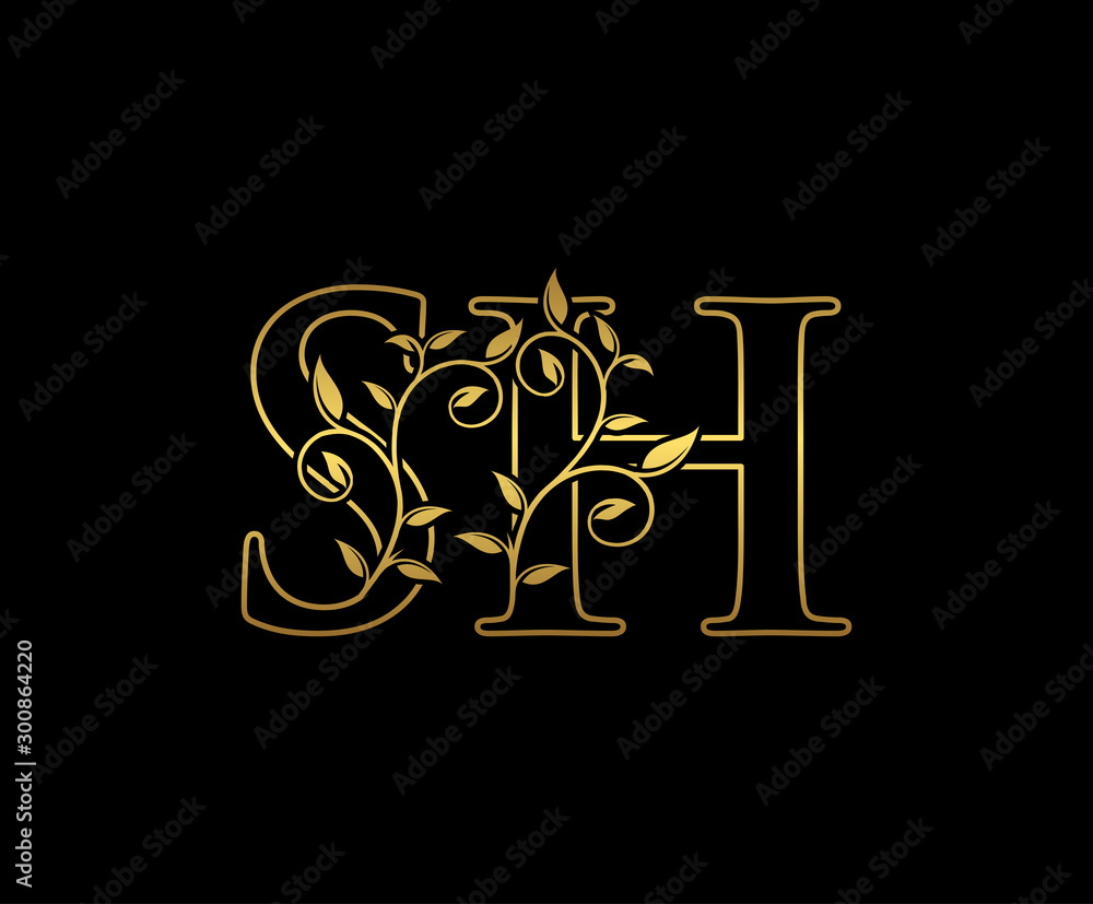 Golden letter S and H, SH vintage decorative ornament emblem badge ...