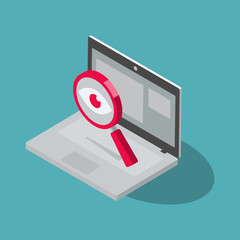 Fototapete - Spyware internet cyber attack symbol with spy magnifier and laptop computer, isolated on blue background. Flat design, easy to use for your website or presentation.