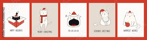 Collection of hand drawn Christmas cards with cute cats in Santa Claus hats, ...