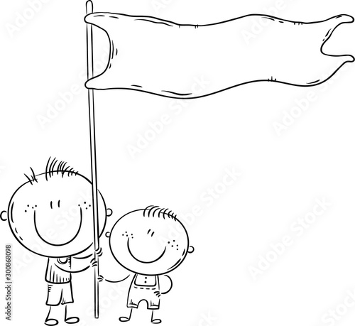 Kids holding a blue flag, outline vector illustration