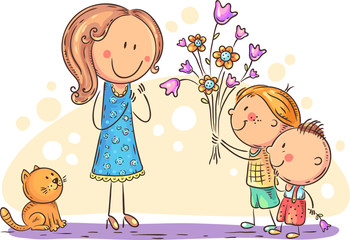 Leinwandbilder - Kids presenting flowers to their mother or teacher