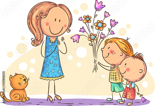 Fotografía Kids presenting flowers to their mother or teacher