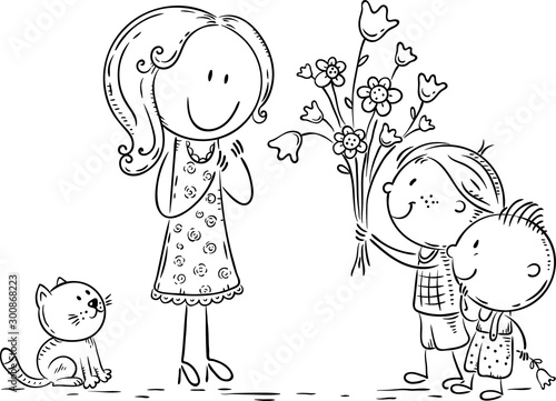 Kids presenting flowers to their mother or teacher, line art