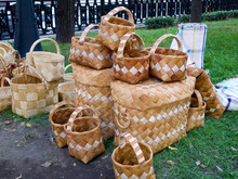 Objects Of Folk Crafts. Baskets, And Boxes Woven From Birch Bark.