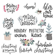 Set Of Hand Drawn Vector Illustrations And Hand Written Lettering Phrases About Christmas Holidays. Winter Season And Merry Christmas Celebration Clipart And Letterng Collection For Cards,posters,sale