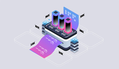 Isometric design concept virtual reality and augmented reality. software development and programming. Computation of big data center, quantum computer isometric vector technology