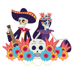 Sticker - catrina and mariachi skulls dancing and playing guitar