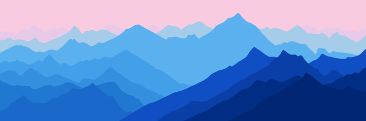 fantasy on the theme of the morning landscape, sunrise in the mountains, panoramic view, vector illu