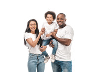 Cheerful African American Parents Holding Adorable Son And Smiling At Camera Isolated On White