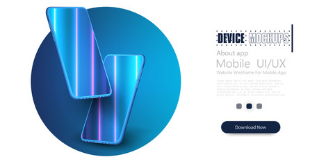 Poster - Smartphone frame less blank screen, rotated position. 3d isometric illustration cell phone. Smartphone perspective view. Template for advertising.  Phone with the neon reflection on the screen. UI/UX