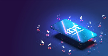 Fototapete - Internet of things (IoT) and networking concept for connected devices. Smartphone network communications with things and objects. Monitoring and control by smartphone.Blue technology background.Vector