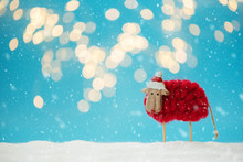 Snowy Sheep (lamb) Toy Background. Christmas Greeting Card. Christmas Or New Year Celebration Concept. Copy Space