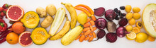 Panoramic Shot Of Fresh Autumn Vegetables And Fruits On White Background