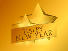 Happy New Year 2020, Golden Stars On Gold Gradient Background. Greeting Card Design Template. Vector Illustration