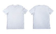 T-shirt Design Fashion Concept, Closeup Of Man And Boy In Blank White T-shirt, Shirt Front End Rear Isolated. Mock Up.