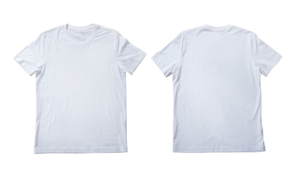 t-shirt design fashion concept, closeup of man and boy in blank white t-shirt, shirt front end rear 