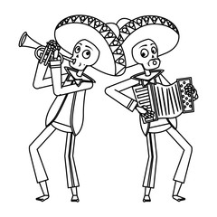 Poster - mexican mariachis skulls playing trumpet and accordion