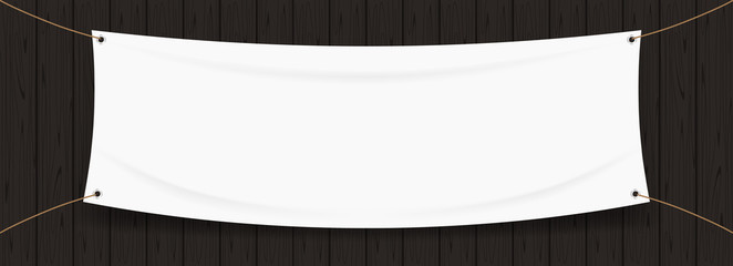 vinyl banner blank white isolated on black wood frame, white mock up textile fabric empty for banner