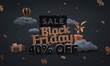 40% - forty percent off - black friday sale -3d render in cartoon style. Low poly 3d illustration in dark tones.