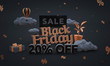 20% - twenty percent off - black friday sale -3d render in cartoon style. Low poly 3d illustration in dark tones.