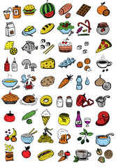 A set with 54 colorful food and drinks