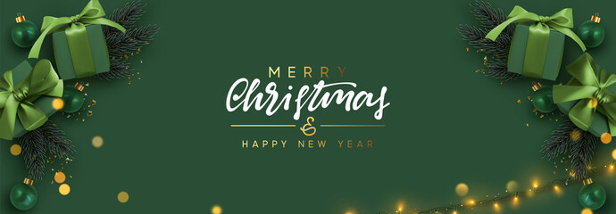 holiday banner merry christmas and happy new year. xmas design with realistic objects, realistic dar