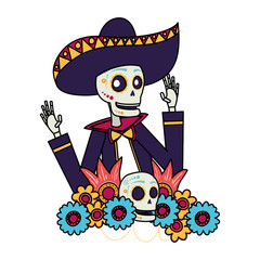 Poster - mariachi skull with floral decoration comic character