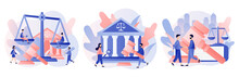 Law And Justice Concept. Justice Scales, Judge Building And Judge Gavel. Supreme Court. Modern Flat Cartoon Style. Vector Illustration