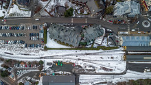 Overhead Aerial Drone View Of Railway Station In Chamonix Mont Blanc, In French Alps