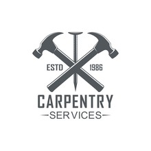 Black And White Illustration Logo Of A Workshop Of Carpentry. Vector Illustration, Hammer, Nail And Text Carpentry Services On A White Background.