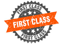 First Class Grunge Stamp With Orange Band. First Class