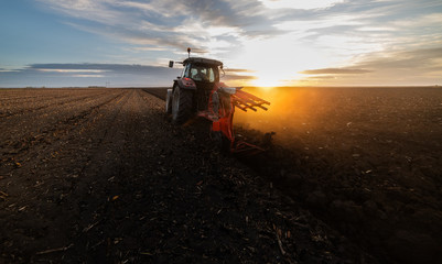 Wall Mural - Tractor plowing fields in sunset