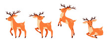 Cute Cartoon Deer With Horns. Standing, Jumping And Lying Deer.