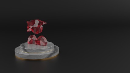 3D rendering of red gemstone symbol of user graduate icon